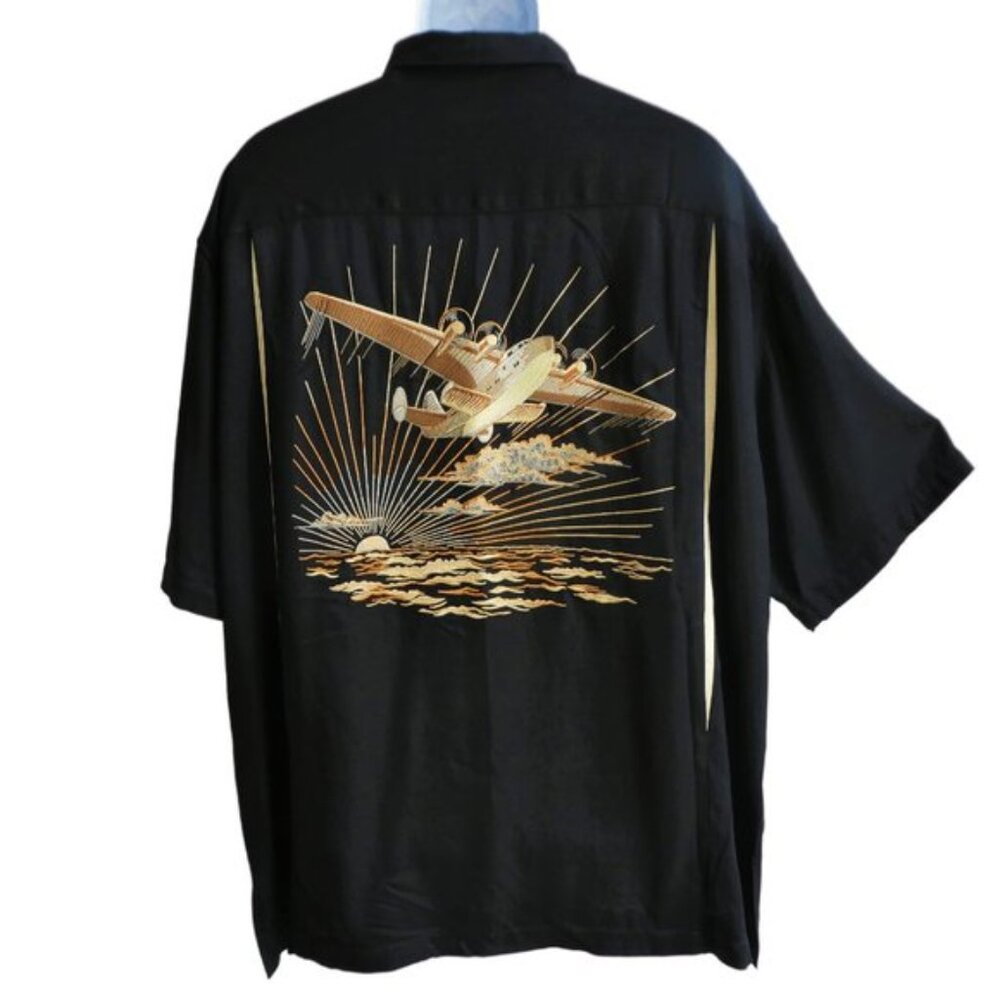 SiLK Tori Richard Black Shirt Embroidered Aviation Sunset Skies Short Sleeve 2XL